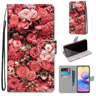 For Xiaomi Redmi Note 10 5G Coloured Drawing Cross Texture Horizontal Flip PU Leather Case with Holder & Card Slots & Wallet & Lanyard(Pink Rose Garden)