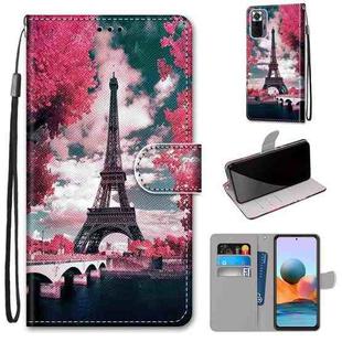 For Xiaomi Redmi Note 10 Pro Max / Note 10 Pro Coloured Drawing Cross Texture Horizontal Flip PU Leather Case with Holder & Card Slots & Wallet & Lanyard(Pink Flower Tower Bridge)