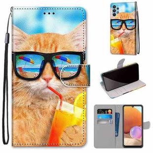 For Samsung Galaxy A32 4G / A32 Lite Coloured Drawing Cross Texture Horizontal Flip PU Leather Case with Holder & Card Slots & Wallet & Lanyard(Cat Drinking Soda)