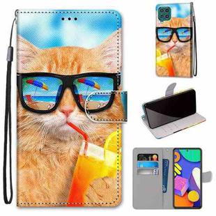 For Samsung Galaxy F62 / M62 Coloured Drawing Cross Texture Horizontal Flip PU Leather Case with Holder & Card Slots & Wallet & Lanyard(Cat Drinking Soda)