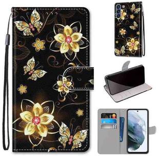 For Samsung Galaxy S21 FE Coloured Drawing Cross Texture Horizontal Flip PU Leather Case with Holder & Card Slots & Wallet & Lanyard(Gold Diamond Butterfly)