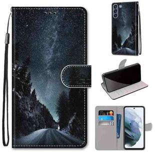 For Samsung Galaxy S21 FE Coloured Drawing Cross Texture Horizontal Flip PU Leather Case with Holder & Card Slots & Wallet & Lanyard(Mountain Road Starry Sky)