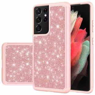 For Samsung Galaxy S21 Ultra 5G Glitter Powder Contrast Skin Shockproof Silicone + PC Protective Case(Rose Gold)