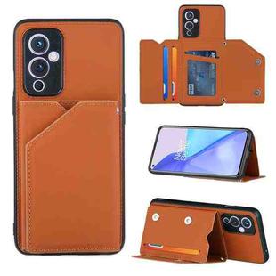 For OnePlus 9 Skin Feel PU + TPU + PC Back Cover Shockproof Case with Card Slots & Holder & Photo Frame(Brown)