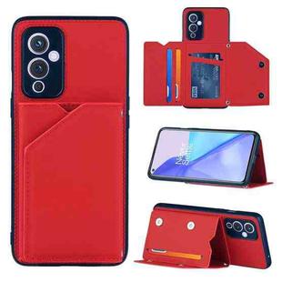 For OnePlus 9 Skin Feel PU + TPU + PC Back Cover Shockproof Case with Card Slots & Holder & Photo Frame(Red)
