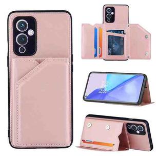 For OnePlus 9 Skin Feel PU + TPU + PC Back Cover Shockproof Case with Card Slots & Holder & Photo Frame(Rose Gold)
