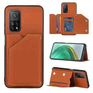 For Xiaomi Mi 10T 5G / 10T Pro 5G Skin Feel PU + TPU + PC Back Cover Shockproof Case with Card Slots & Holder & Photo Frame(Brown)