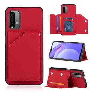 For Xiaomi Poco M3 / Redmi Note 9 4G Skin Feel PU + TPU + PC Back Cover Shockproof Case with Card Slots & Holder & Photo Frame(Red)