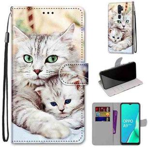 For OPPO A9 (2020) / A5 (2020) / A11X / A11 Coloured Drawing Cross Texture Horizontal Flip PU Leather Case with Holder & Card Slots & Wallet & Lanyard(Big Cat Holding Kitten)