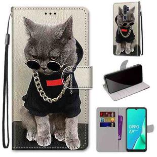 For OPPO A9 (2020) / A5 (2020) / A11X / A11 Coloured Drawing Cross Texture Horizontal Flip PU Leather Case with Holder & Card Slots & Wallet & Lanyard(Golden Chain Grey Cat)