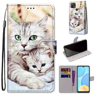 For OPPO A15 / A15s Coloured Drawing Cross Texture Horizontal Flip PU Leather Case with Holder & Card Slots & Wallet & Lanyard(Big Cat Holding Kitten)