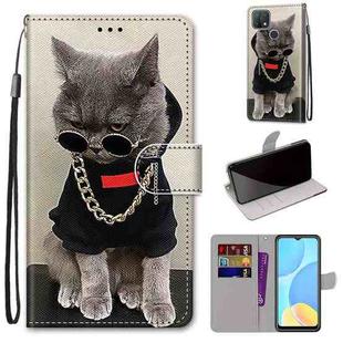 For OPPO A15 / A15s Coloured Drawing Cross Texture Horizontal Flip PU Leather Case with Holder & Card Slots & Wallet & Lanyard(Golden Chain Grey Cat)