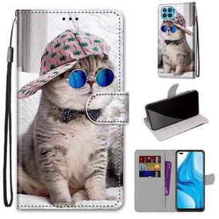 For OPPO F17 Pro / A93 4G / Reno4 Lite / Reno4 F Coloured Drawing Cross Texture Horizontal Flip PU Leather Case with Holder & Card Slots & Wallet & Lanyard(Slant Hat Blue Mirror Cat)