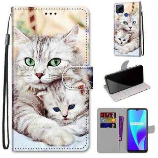 For OPPO Realme C15 / C12 / C25 / 7i (Global) / Narzo 20 / 30A Coloured Drawing Cross Texture Horizontal Flip PU Leather Case with Holder & Card Slots & Wallet & Lanyard(Big Cat Holding Kitten)