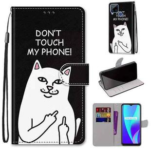For OPPO Realme C15 / C12 / C25 / 7i (Global) / Narzo 20 / 30A Coloured Drawing Cross Texture Horizontal Flip PU Leather Case with Holder & Card Slots & Wallet & Lanyard(Middle Finger White Cat)