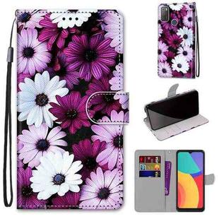 For Alcatel 3L 2021 Coloured Drawing Cross Texture Horizontal Flip PU Leather Case with Holder & Card Slots & Wallet & Lanyard(Chrysanthemum Pink White Purple)