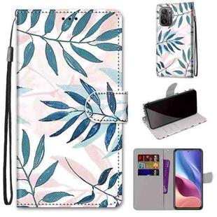 For Xiaomi Redmi K40 / K40 Pro / K40 Pro+ Coloured Drawing Cross Texture Horizontal Flip PU Leather Case with Holder & Card Slots & Wallet & Lanyard(Pink Green Leaf)