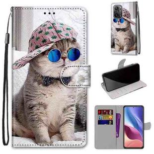 For Xiaomi Redmi K40 / K40 Pro / K40 Pro+ Coloured Drawing Cross Texture Horizontal Flip PU Leather Case with Holder & Card Slots & Wallet & Lanyard(Slant Hat Blue Mirror Cat)
