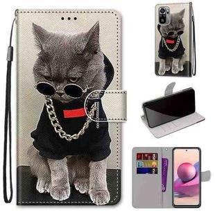 For Xiaomi Redmi Note 10 4G / Note 10S Coloured Drawing Cross Texture Horizontal Flip PU Leather Case with Holder & Card Slots & Wallet & Lanyard(Golden Chain Grey Cat)