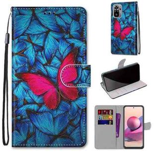 For Xiaomi Redmi Note 10 4G / Note 10S Coloured Drawing Cross Texture Horizontal Flip PU Leather Case with Holder & Card Slots & Wallet & Lanyard(Blue Red Butterfly)