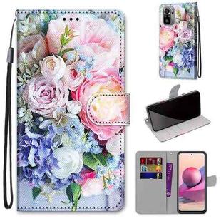 For Xiaomi Redmi Note 10 4G / Note 10S Coloured Drawing Cross Texture Horizontal Flip PU Leather Case with Holder & Card Slots & Wallet & Lanyard(Light Pink Bouquet)