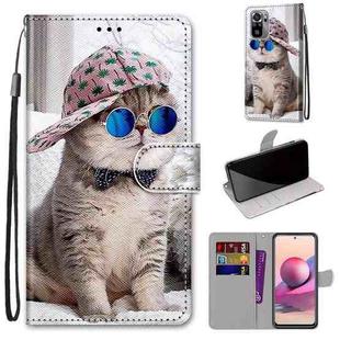 For Xiaomi Redmi Note 10 4G / Note 10S Coloured Drawing Cross Texture Horizontal Flip PU Leather Case with Holder & Card Slots & Wallet & Lanyard(Slant Hat Blue Mirror Cat)