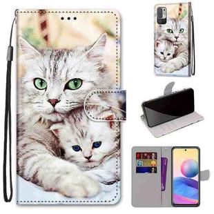 For Xiaomi Redmi Note 10 5G Coloured Drawing Cross Texture Horizontal Flip PU Leather Case with Holder & Card Slots & Wallet & Lanyard(Big Cat Holding Kitten)