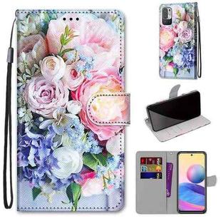 For Xiaomi Redmi Note 10 5G Coloured Drawing Cross Texture Horizontal Flip PU Leather Case with Holder & Card Slots & Wallet & Lanyard(Light Pink Bouquet)