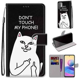 For Xiaomi Redmi Note 10 5G Coloured Drawing Cross Texture Horizontal Flip PU Leather Case with Holder & Card Slots & Wallet & Lanyard(Middle Finger White Cat)