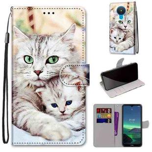 For Nokia 1.4 Coloured Drawing Cross Texture Horizontal Flip PU Leather Case with Holder & Card Slots & Wallet & Lanyard(Big Cat Holding Kitten)