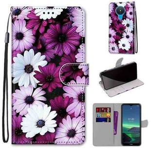 For Nokia 1.4 Coloured Drawing Cross Texture Horizontal Flip PU Leather Case with Holder & Card Slots & Wallet & Lanyard(Chrysanthemum Pink White Purple)