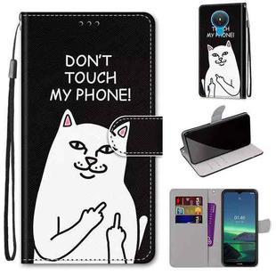 For Nokia 1.4 Coloured Drawing Cross Texture Horizontal Flip PU Leather Case with Holder & Card Slots & Wallet & Lanyard(Middle Finger White Cat)