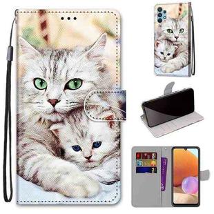 For Samsung Galaxy A32 4G / A32 Lite Coloured Drawing Cross Texture Horizontal Flip PU Leather Case with Holder & Card Slots & Wallet & Lanyard(Big Cat Holding Kitten)