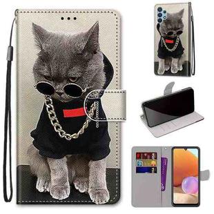 For Samsung Galaxy A32 4G / A32 Lite Coloured Drawing Cross Texture Horizontal Flip PU Leather Case with Holder & Card Slots & Wallet & Lanyard(Golden Chain Grey Cat)