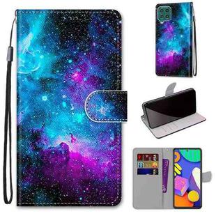 For Samsung Galaxy F62 / M62 Coloured Drawing Cross Texture Horizontal Flip PU Leather Case with Holder & Card Slots & Wallet & Lanyard(Purple Green Starry Sky)