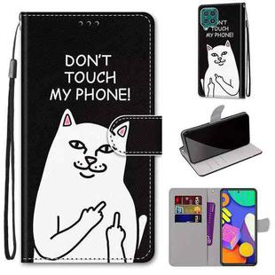 For Samsung Galaxy F62 / M62 Coloured Drawing Cross Texture Horizontal Flip PU Leather Case with Holder & Card Slots & Wallet & Lanyard(Middle Finger White Cat)