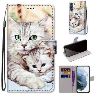 For Samsung Galaxy S21 FE Coloured Drawing Cross Texture Horizontal Flip PU Leather Case with Holder & Card Slots & Wallet & Lanyard(Big Cat Holding Kitten)