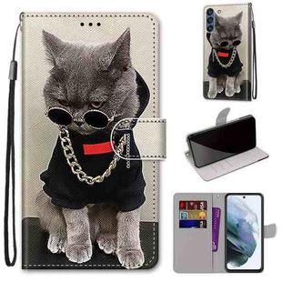 For Samsung Galaxy S21 FE Coloured Drawing Cross Texture Horizontal Flip PU Leather Case with Holder & Card Slots & Wallet & Lanyard(Golden Chain Grey Cat)