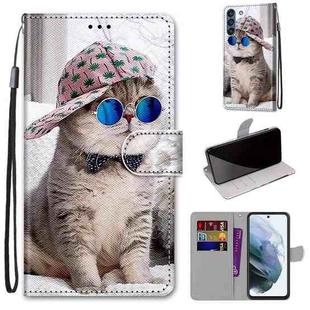 For Samsung Galaxy S21 FE Coloured Drawing Cross Texture Horizontal Flip PU Leather Case with Holder & Card Slots & Wallet & Lanyard(Slant Hat Blue Mirror Cat)