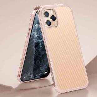 For iPhone 11 Pro Max SULADA Luxury 3D Carbon Fiber Textured Shockproof Metal + TPU Frame Case (Rose Gold)