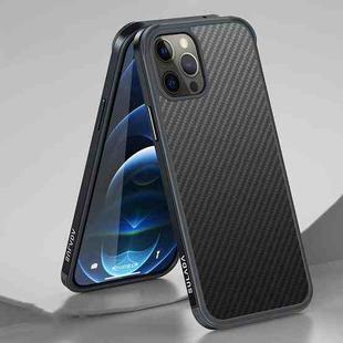 For iPhone 12 / 12 Pro SULADA Luxury 3D Carbon Fiber Textured Shockproof Metal + TPU Frame Case(Black)
