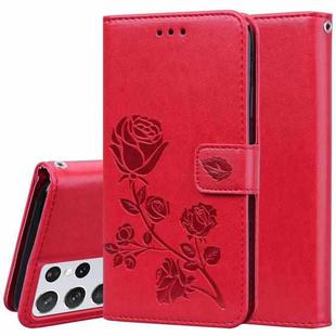 For Samsung Galaxy S21 Ultra 5G Rose Embossed Horizontal Flip PU Leather Case with Holder & Card Slots & Wallet(Red)