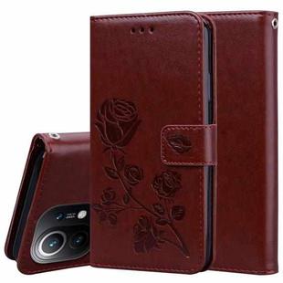For Xiaomi Mi 11 Lite Rose Embossed Horizontal Flip PU Leather Case with Holder & Card Slots & Wallet(Brown)