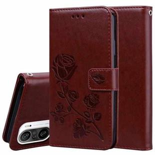 For Xiaomi Redmi K40 / K40 Pro Rose Embossed Horizontal Flip PU Leather Case with Holder & Card Slots & Wallet(Brown)