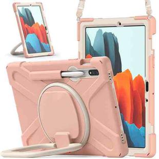 For Samsung Galaxy Tab S8 / Galaxy Tab S7 T870 / T875 Silicone + PC Protective Case with Holder & Shoulder Strap(Rose Gold)