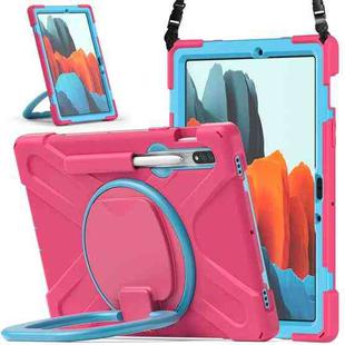 For Samsung Galaxy Tab S8 / Galaxy Tab S7 T870 / T875 Silicone + PC Protective Case with Holder & Shoulder Strap(Rose red+Blue)