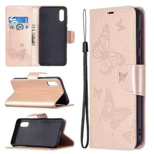 For Samsung Galaxy A02 Embossing Two Butterflies Pattern Horizontal Flip PU Leather Case with Holder & Card Slot & Wallet & Lanyard(Rose Gold)