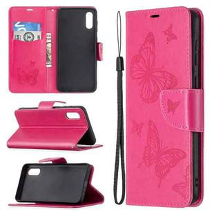 For Samsung Galaxy A02 Embossing Two Butterflies Pattern Horizontal Flip PU Leather Case with Holder & Card Slot & Wallet & Lanyard(Rose Red)