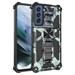 For Samsung Galaxy S21 FE Camouflage Armor Shockproof TPU + PC Magnetic Protective Case with Holder(Mint Green)