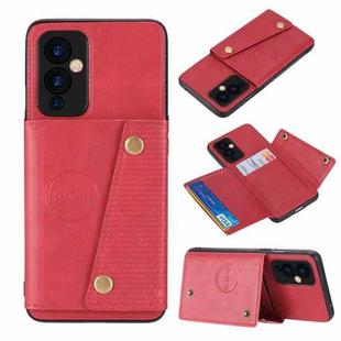 For OnePlus 9 Double Buckle PU + TPU Shockproof Magnetic Protective Case with Card Slot & Holder(Red)
